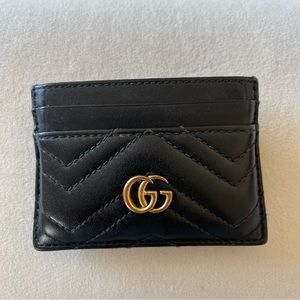 Gucci Black Leather GG Marmont Quilted Card Holder with Gold Hardware